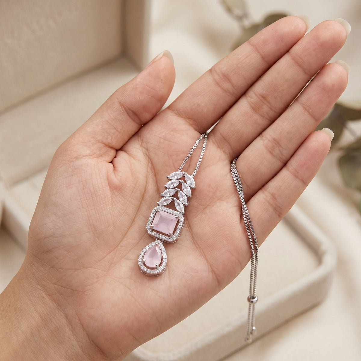 Silver Adjustable Bolo Bracelet with Pink Crystal Drop & CZ Leaf Accent | Elegant Rose Quartz Style Pendant Jewelry