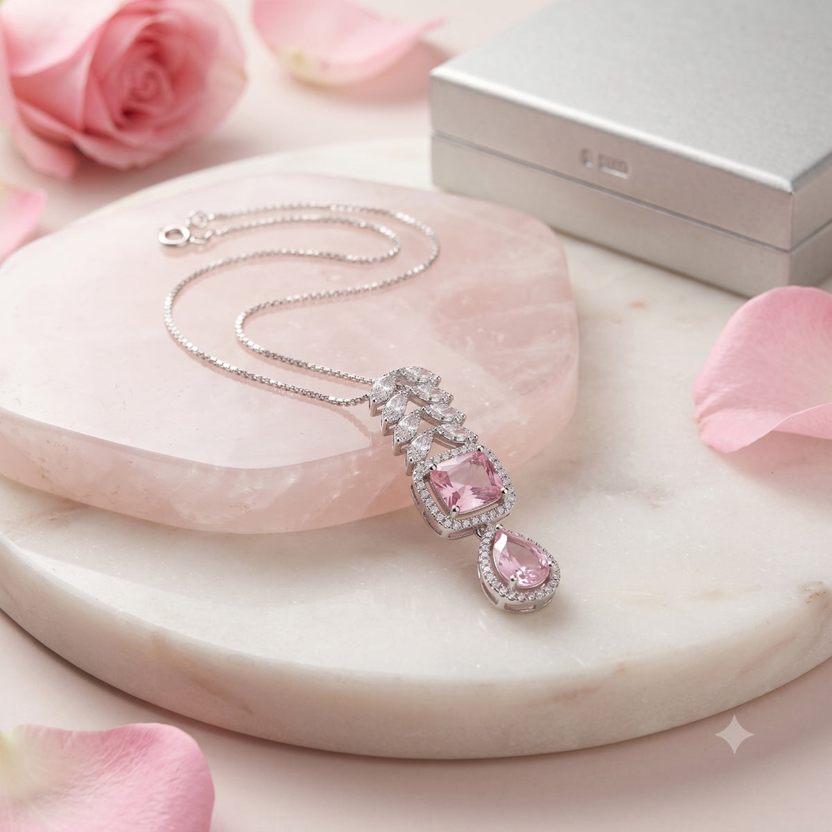 Blush Pink Crystal Drop Adjustable Bracelet – Silver Plated CZ Leaf Edition